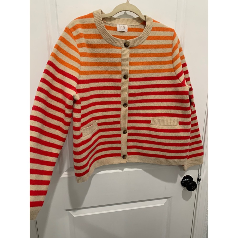 Fate Womens Orange Red Striped Button Front Crew Neck Cardigan Sweater Large